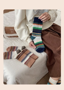 Detailed close-up of retro Fair Isle knit socks featuring ethnic jacquard patterns and texture