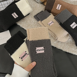Womens Mid Calf Socks Knitted Slouchy Letter Label Patch Color Block Ribbed Warm Winter Casual Korean Style