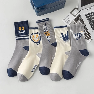 Chaussettes Mi-Hautes Homme Coton Peigné Graffiti Smiley Lettres Imprimées Streetwear Tendance Bords Côtes Hip Hop Sport