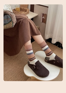 Close-up of Fair Isle knit socks paired with brown mule shoes and corduroy skirt