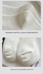 Detail of seamless heel and reinforced toe on white embroidered cotton socks