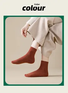 Detail of warm thick terry socks in brick red showing the cozy knitted texture and fit