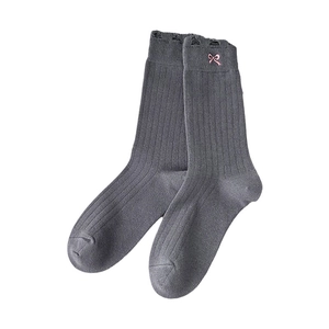 Dark grey ribbed cotton socks with pink bow embroidery and ruffled cuffs for women