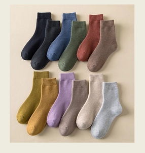 Flat lay of twelve assorted colors of thick thermal terry cotton socks for winter season