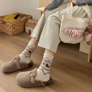 Women's warm winter sherpa slippers with buckle and Fair Isle pattern knit socks