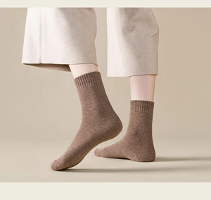Detailed view of warm thick brown crew socks for women featuring ribbed knit texture
