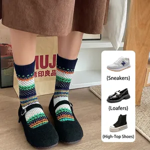 Retro Fair Isle crew socks in navy blue with colorful jacquard stripes for women and men