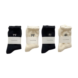 Thick warm winter socks set with bow and flower embroidery in black and white