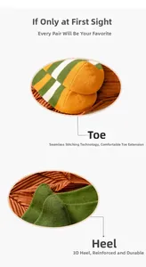 Detail view of seamless toe stitching and reinforced heel on striped cotton crew socks