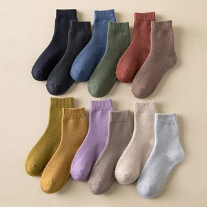 Women Crew Socks Thick Warm Thermal Terry Lined Mid Tube Solid Color Ribbed Cuff Autumn Winter Simple Plain