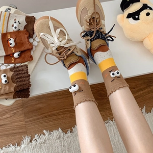 Mid-calf cotton socks with 3D cartoon eyes and wavy cuffs in retro brown and yellow tones