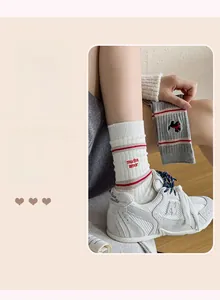 Close-up of white and grey crew socks with dog embroidery and red stripe patterns