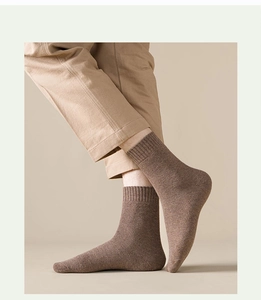 Close-up of thick ribbed cuffs on brown knit thermal socks for men's winter warmth