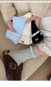 Detail of knit socks featuring white lace trim and contrast bow embroidery accents
