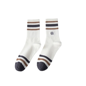 Off-white cotton sports crew socks with striped cuffs and circular embroidery logo