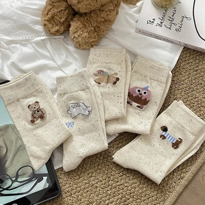 Women Mid Calf Socks Cute Cartoon Animal Embroidery Nep Yarn Confetti Cotton Blend Warm Casual Fashion Crew Socks