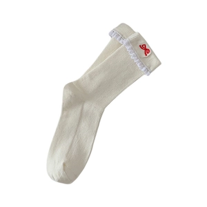 Cream knit mid-calf socks with white lace trim and red bow embroidery for women