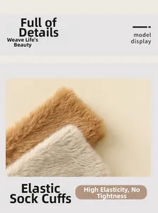 Detail of high-elasticity ribbed cuffs on mink fleece socks with soft plush texture