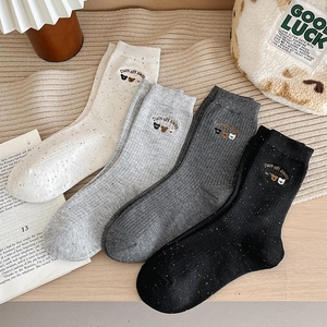 Women Cute Cartoon Bear Embroidery Crew Socks Cotton Blend Colorful Nep Yarn Ribbed Korean Style Fashion
