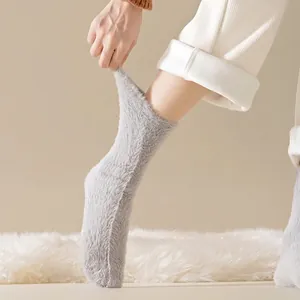 Grey plush warm socks for women with high elasticity ankle band and cozy thick mink fleece