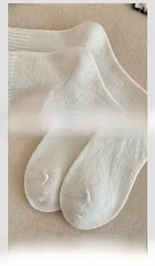 Detail view of reinforced seamless heel and smooth toe area of white wool socks