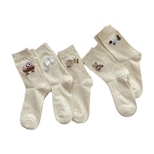 5-pack cute embroidered mid-calf socks for women featuring teddy bear and cat patterns
