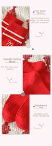 Detailed view of red cotton socks with white stripes and bow embroidery accents