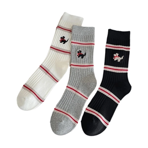 Three-pack cotton ribbed crew socks with dog embroidery and red stripes in black white and grey