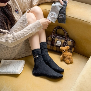 Three-pack of cute bear embroidery cotton socks in black and grey for autumn and winter