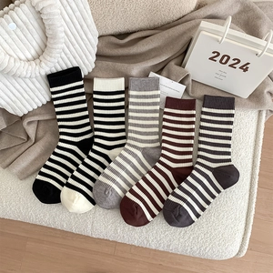 Women Mid Calf Socks Striped Knit Viscose Blend Warm Thickened Ribbed Casual Autumn Winter Trendy