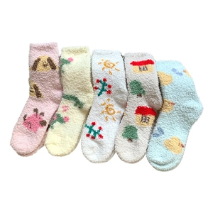 Five pairs of warm coral fleece crew socks with cute cartoon embroidery for winter