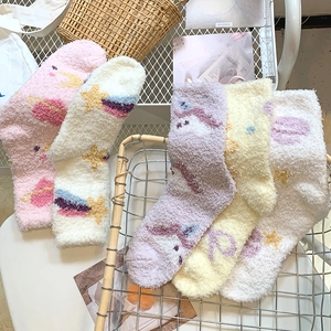 Women Thick Coral Fleece Sleeping Socks Winter Warm Fuzzy Plush Starry Sky Cartoon Pattern Mid Calf House Floor Hosiery