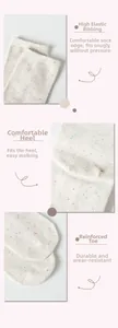 Detail of white confetti cotton socks featuring elastic cuffs, comfortable heel, and reinforced toe