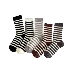 Five pack of striped cotton mid-calf socks in neutral tones with ribbed cuffs