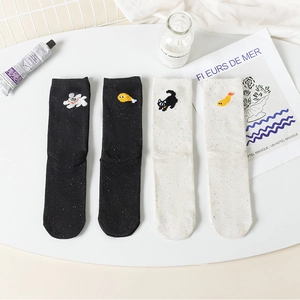 Japanese Style Cute Cartoon Cat Embroidery Mid Calf Socks Speckled Cotton Blend Breathable Kawaii Crew Socks