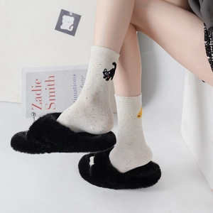 Cozy Japanese cat pattern socks with beige flecked yarn and fuzzy cross-strap slippers