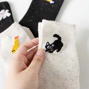 Speckled knit crew socks featuring cute cat and shrimp embroidery in a cozy thick fabric