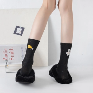 Japanese style black cotton crew socks with colorful dots and cute cartoon animal patterns