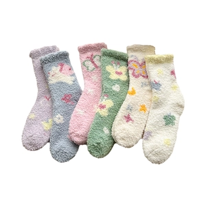 Set of 6 thick coral fleece socks with colorful butterfly and star patterns for winter