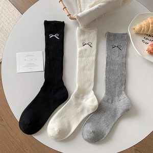 Slouch Socks Ribbed Cotton Fabric Bow Embroidered Breathable Japanese Style Sweet Mid Calf Hosiery For Women