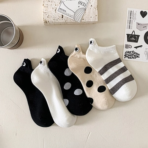 Women Cotton Invisible Boat Socks Cartoon Eye Embroidery Polka Dot Striped Japanese Style Breathable Low Cut Ankle Hosiery