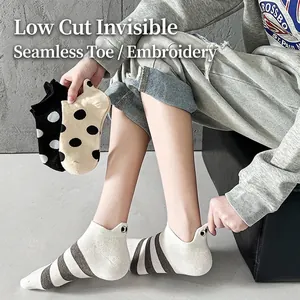 Women's thin cotton invisible socks with eye embroidery and polka dots pattern