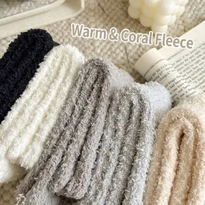 Thick coral fleece socks for women in multiple colors with cozy embroidery bow details