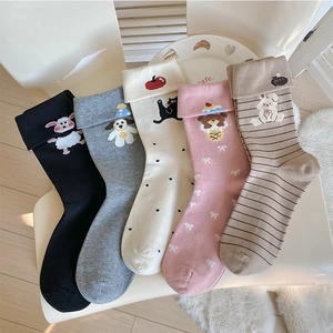 Women Cotton Mid Calf Crew Socks Sweet Cute Cartoon Embroidery Seamless Toe Breathable Turn-over Cuff Korean Style