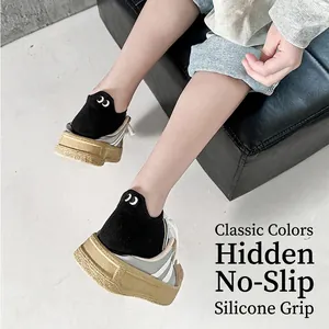 Black cotton invisible boat socks for women with anti-slip silicone and heel embroidery