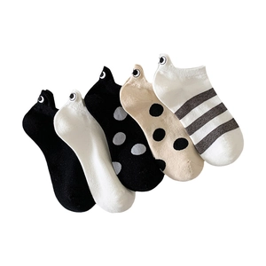 Five-pack of thin cotton ankle socks featuring cartoon eye embroidery and polka dot patterns
