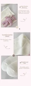 Detail view of white ribbed socks featuring elastic cuff, comfort heel and reinforced toe