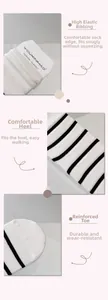 Detail showing elastic cuffs and reinforced heel on white combed cotton striped socks