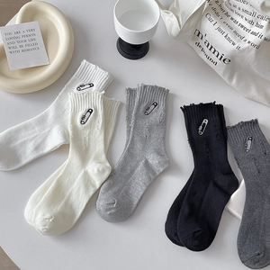 Cotton Mid Calf Socks With Safety Pin Embroidery Distressed Frayed Edges Ribbed Knit Fashion Japanese Style Women