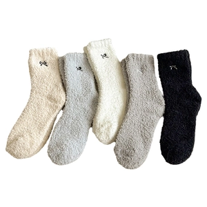 Five pairs of thick coral fleece warm socks with delicate bow embroidery in various colors